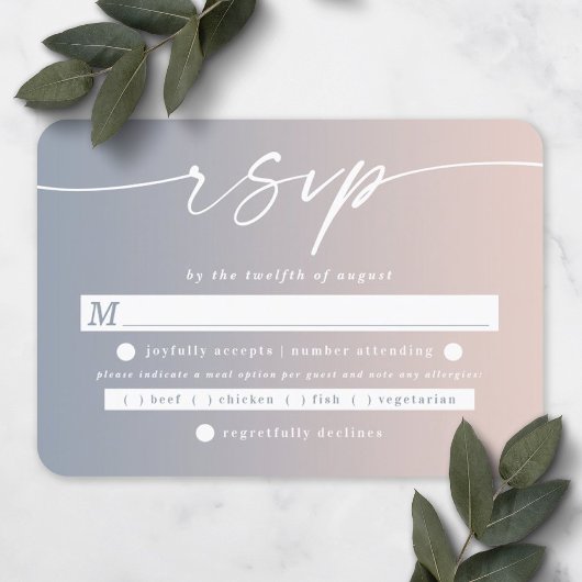 Ombre Dusty Blue & Blush Pink Wedding Meal Choice RSVP Karte