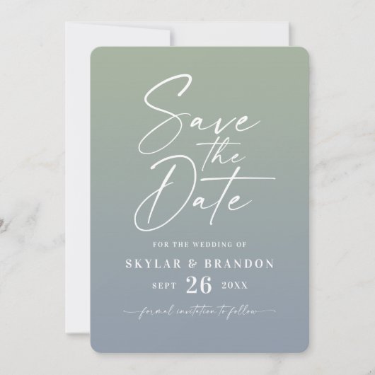 Ombre Dusty Blue & Green mit Script Foto Wedding Save The Date (Vorderseite)
