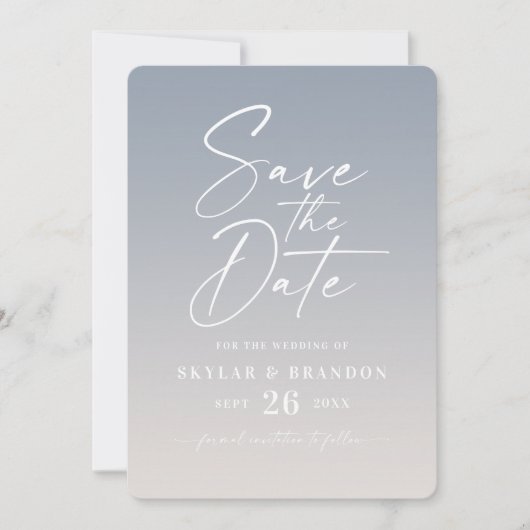 Ombre Dusty Blue & Ivory with Script Photo Wedding Save The Date (Vorderseite)