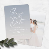 Ombre Dusty Blue & Ivory with Script Photo Wedding Save The Date