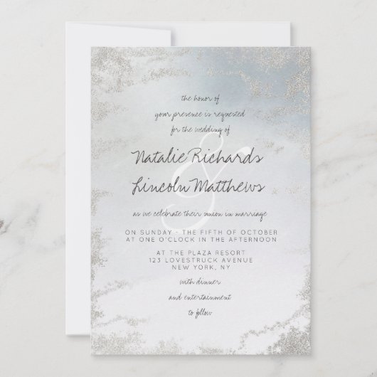 Ombre Dusty Blue Mattiert Silver Foil Luxe Wedding Einladung (Vorderseite)