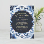 Ombre Elfenbein Ice Sky Gold Royal Blue Quinceaner Einladung (Stehend Vorderseite)