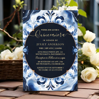 Ombre Elfenbein Ice Sky Gold Royal Blue Quinceaner Einladung