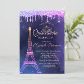 Ombre Glitzer Eiffel Tower Tiara Tropfens Quinceañ Einladung (Stehend Vorderseite)