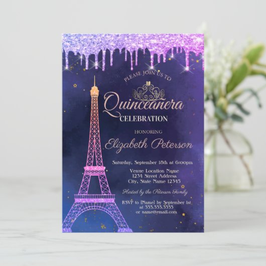 Ombre Glitzer Eiffel Tower Tiara Tropfens Quinceañ Einladung (Stehend Vorderseite)