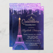 Ombre Glitzer Eiffel Tower Tiara Tropfens Quinceañ Einladung (Vorne/Hinten)
