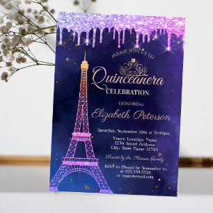 Ombre Glitzer Eiffel Tower Tiara Tropfens Quinceañ Einladung