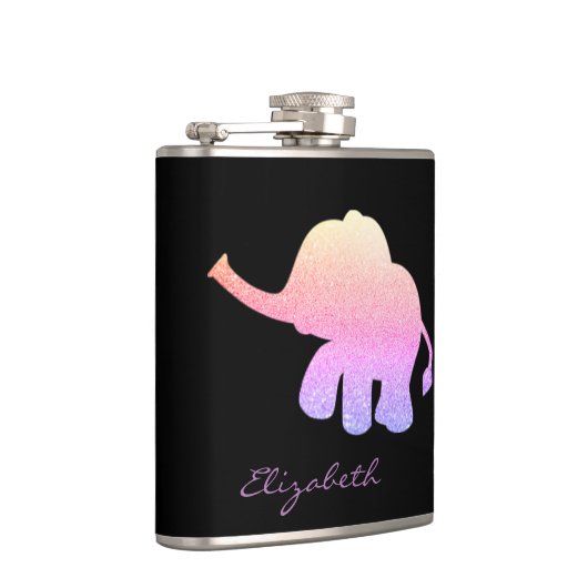 Ombre Glitzer Elephant, Schwarz - Personalisiert Flachmann (Rechts)
