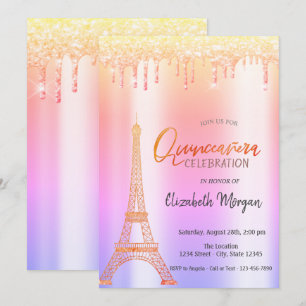 Ombre Glitzer Tropfen, Eiffelturm Quinceañera Einladung