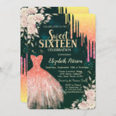 Ombre Glitzer Tropfen, Kleid, Blumengrün süß 16 Einladung (Vorne/Hinten)