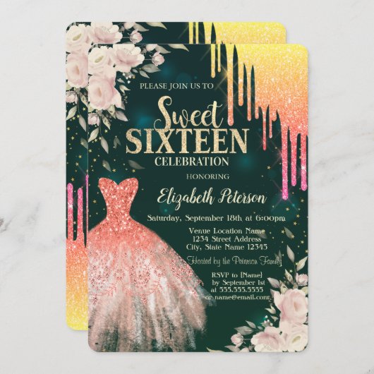 Ombre Glitzer Tropfen, Kleid, Blumengrün süß 16 Einladung (Vorne/Hinten)