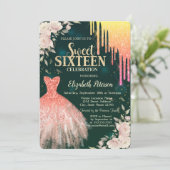 Ombre Glitzer Tropfen, Kleid, Blumengrün süß 16 Einladung (Stehend Vorderseite)