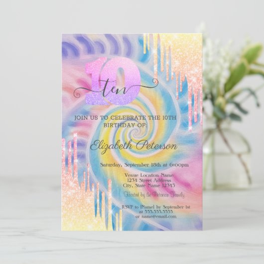 Ombre Glitzer Tropfens Gefärbte Krawatte 10. Gebur Einladung (Stehend Vorderseite)