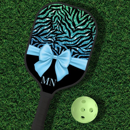 Ombre Glitzer Zebra Blue Bow Mit Monogramm Pickleball Schläger