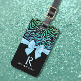 Ombre Glitzer Zebra Blue Bow Monogram Gepäckanhänger