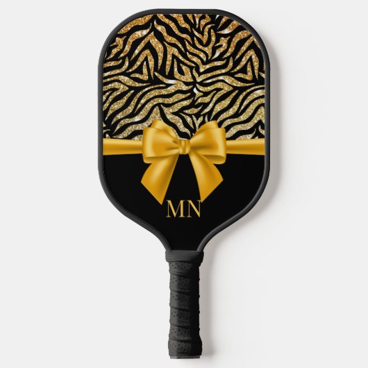 Ombre Glitzer Zebra Gold Bow Mit Monogramm Pickleball Schläger (Vorderseite)