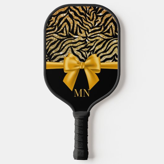 Ombre Glitzer Zebra Gold Bow Mit Monogramm Pickleball Schläger (Rückseite)