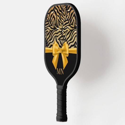 Ombre Glitzer Zebra Gold Bow Mit Monogramm Pickleball Schläger (Links)