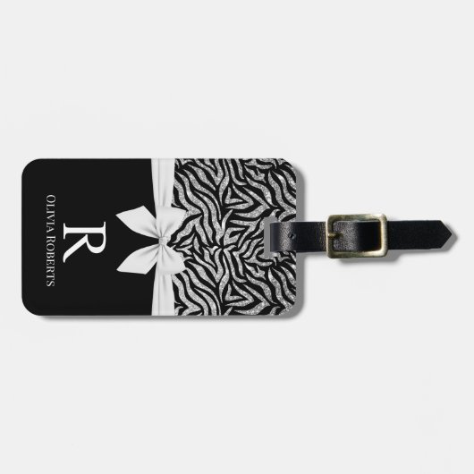 Ombre Glitzer Zebra White Bow Monogram Gepäckanhänger (Vorderseite horizontal)