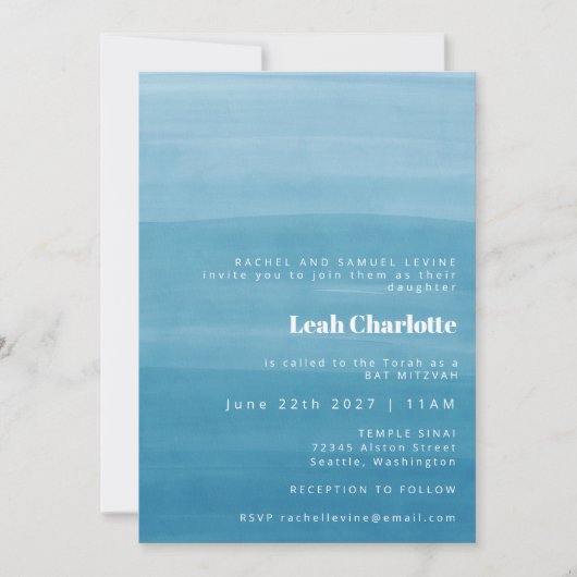 Ombre Gradient Dip Dye Ocean Blue Bat Bar Mitzvah Einladung (Vorderseite)