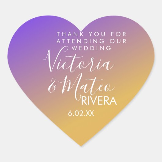 Ombre Gradient Lila Gelb Sonnenuntergang Hochzeit Herz-Aufkleber (Vorderseite)