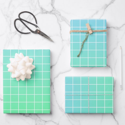 Ombre Green Aquamarin Blue Grid Pattern Geschenkpapier Set (Vorderseite)