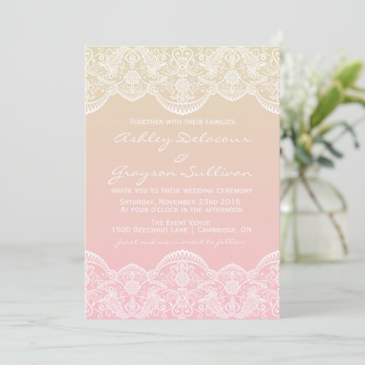 Ombre Lace Pattern Sunset Wedding Einladung (Stehend Vorderseite)