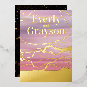 Ombre Lavender Pink Marble Veining Gold Wedding Folieneinladung