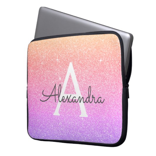 Ombre Lila Glitzer und Sparkle Monogramm Laptopschutzhülle (Vorderseite Links)