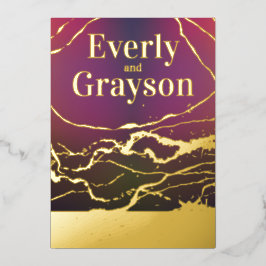 Ombre Lila Red Marble Veining Gold Wedding Folieneinladung