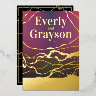 Ombre Lila Red Marble Veining Gold Wedding Folieneinladung