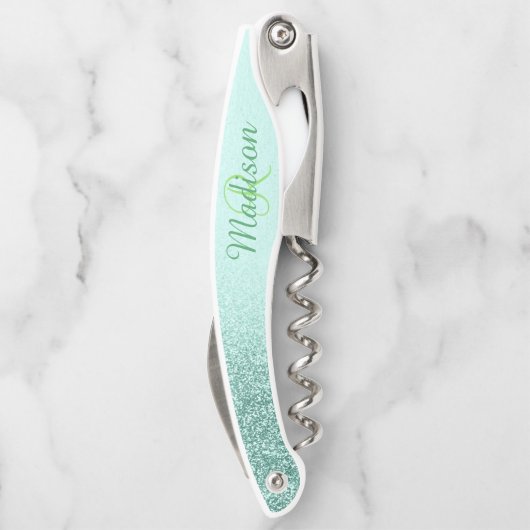 Ombre Mint Green Fading Stylish Monogram Glitzer Kellnermesser (Rückseite)