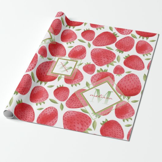 Ombre Monogram + Erdbeeren Rot & Grün + Rosa Geschenkpapier (Ungerollt)
