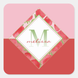 Ombre Monogram + Strawberry Red & Green + Pink Quadratischer Aufkleber