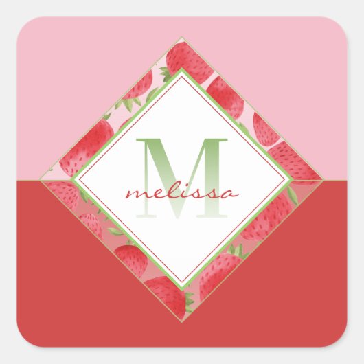 Ombre Monogram + Strawberry Red & Green + Pink Quadratischer Aufkleber (Vorderseite)