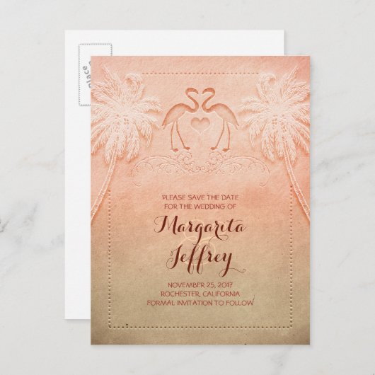 Ombre niedlicher Flamingo Strand Save the Date Pos Ankündigungspostkarte (Vorne/Hinten)