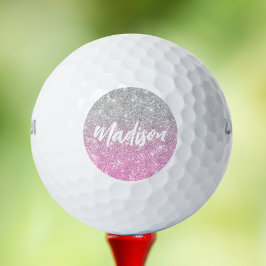 Ombre Pink Silver Glitzer Calligraphy Name Golfball