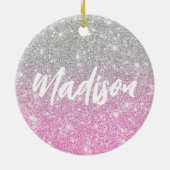 Ombre Pink Silver Glitzer Calligraphy Name Keramik Ornament (Hinten)