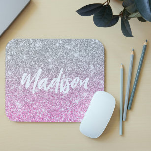 Ombre Pink Silver Glitzer Calligraphy Name Mousepad
