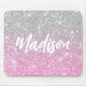 Ombre Pink Silver Glitzer Calligraphy Name Mousepad (Vorne)
