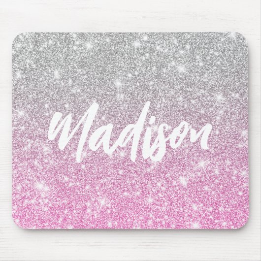 Ombre Pink Silver Glitzer Calligraphy Name Mousepad (Vorne)