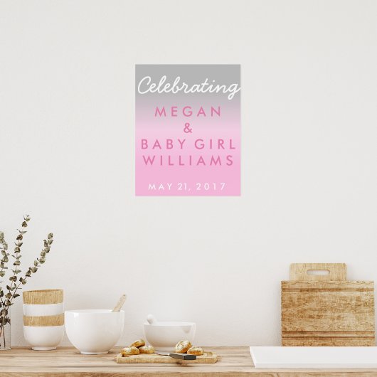 Ombre Pink und Silver Baby Dusche Willkommenspende Poster (Küche)