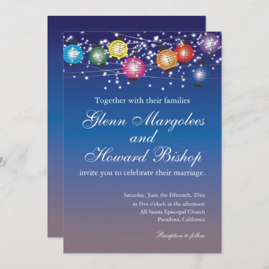 Ombre Rainbow Lanterns Wedding Einladung (Vorne/Hinten)