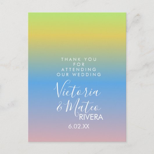Ombre Rainbow Yellow Blue Pink Wedding Vielen Dank Postkarte (Vorderseite)