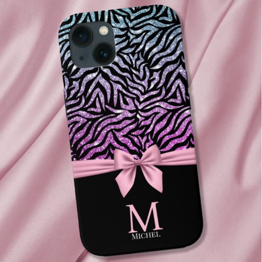 Ombre rosa-blauer Glitzer Zebra Streifen Bow Monog Case-Mate iPhone Hülle