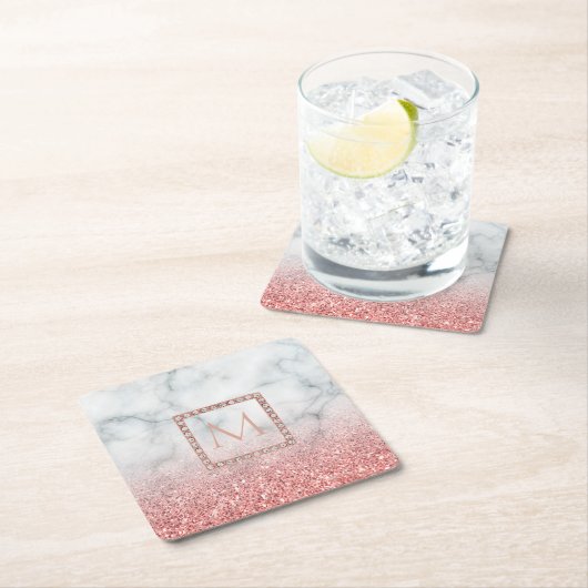 ombre Rose gold monogramm auf Marmorstein Rechteckiger Pappuntersetzer (Vor Ort)