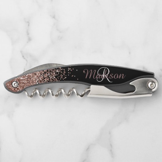 Ombre Rose Gold Stylish Monogram Glitzer Kellnermesser (Rückseite)