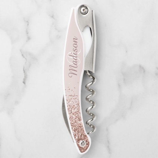 Ombre Rose Gold Stylish Monogram Glitzer Kellnermesser (Rückseite)
