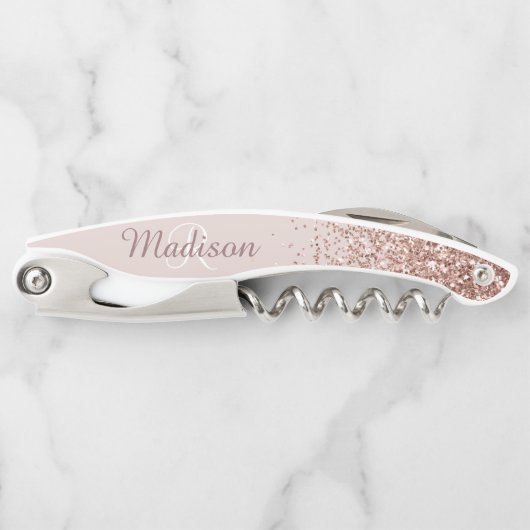 Ombre Rose Gold Stylish Monogram Glitzer Kellnermesser (Vorderseite)