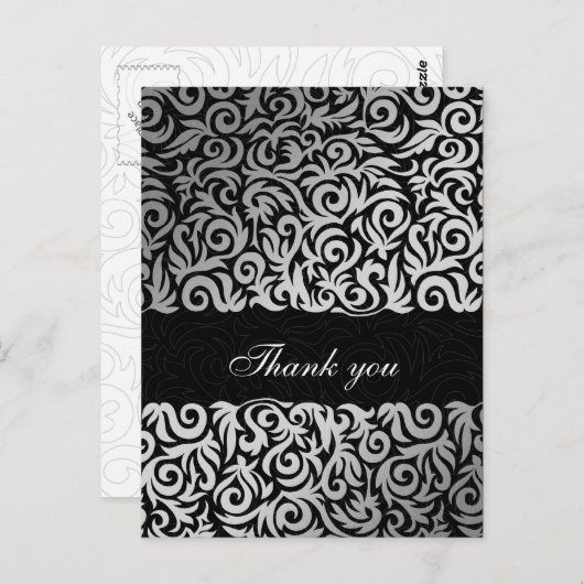 Ombre Silber und Schwarz Swirling Border Wedding Postkarte (Vorne/Hinten)